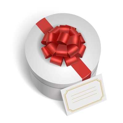 Classic gift box with red ribbon, bow and blank card for message isolated vector illustration