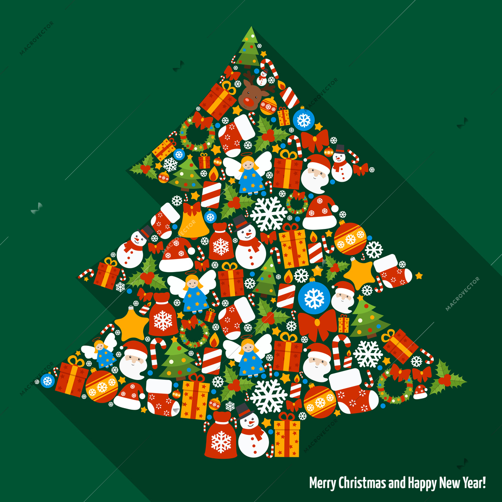 Merry christmas and happy newy year icons in pine tree shape vector illustration