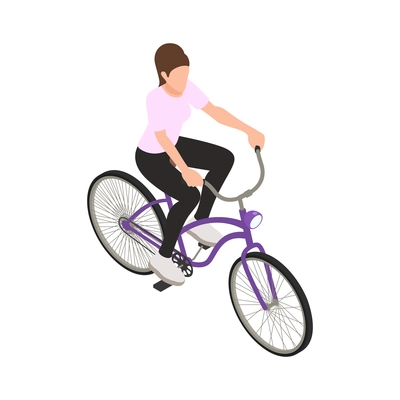 Bicycle people isometric composition with isolated images of female character riding bike vector illustration