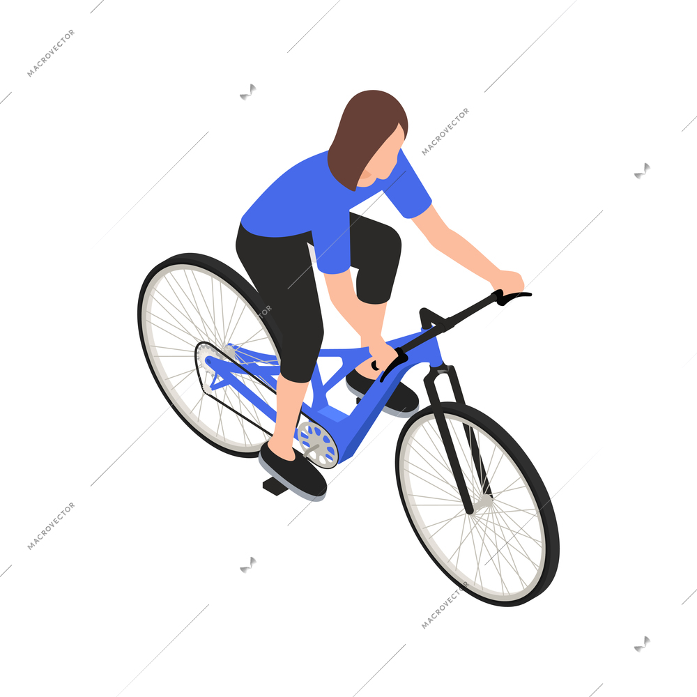 Bicycle people isometric composition with isolated images of female character riding bike vector illustration