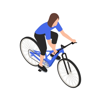 Bicycle people isometric composition with isolated images of female character riding bike vector illustration