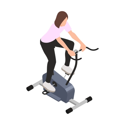 Bicycle people isometric composition with isolated images of female character riding exercycle vector illustration