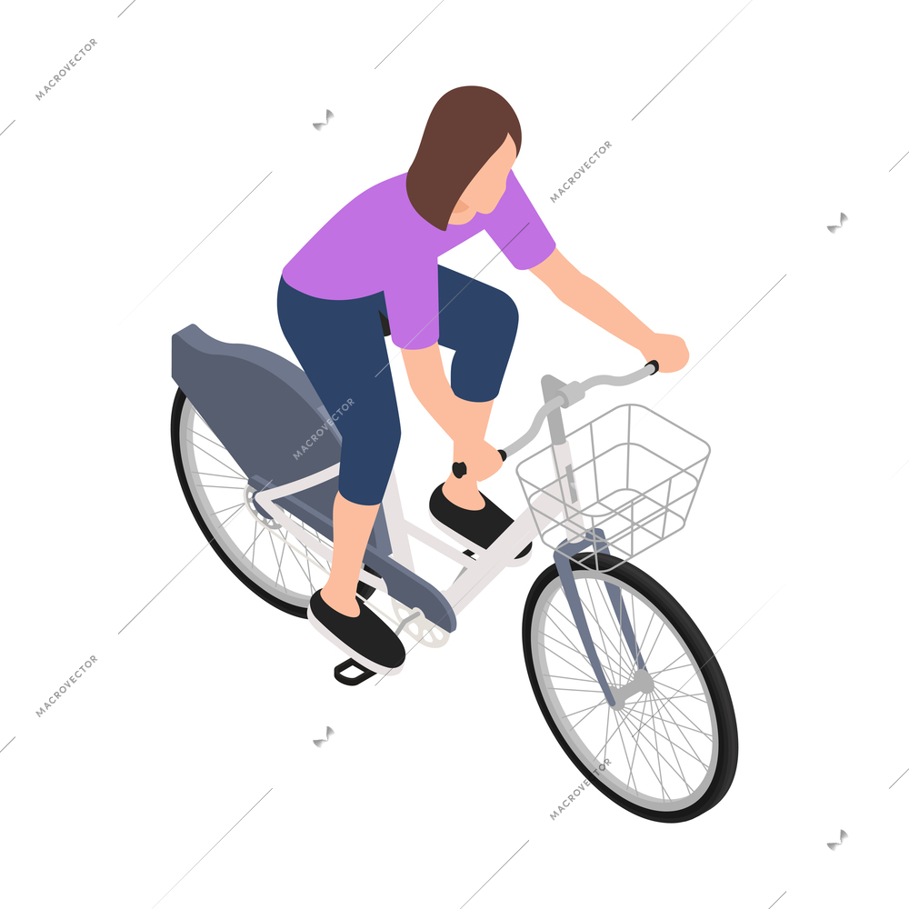 Bicycle people isometric composition with isolated images of female character riding bike vector illustration