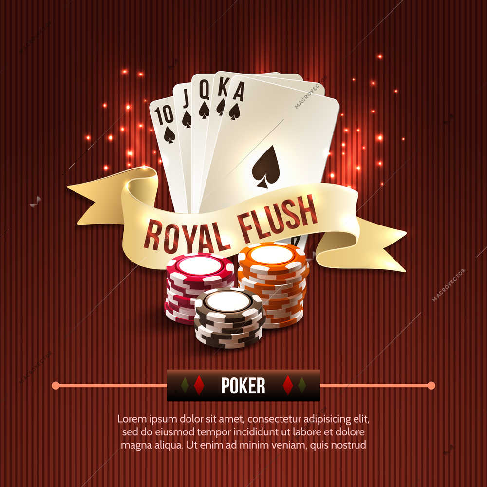 Pocker casino gambling set with cards chips and royal flash ribbon on red background vector illustration