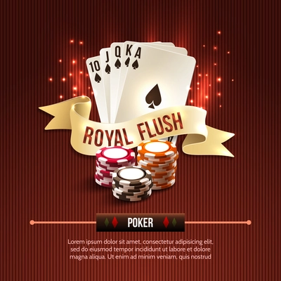 Pocker casino gambling set with cards chips and royal flash ribbon on red background vector illustration