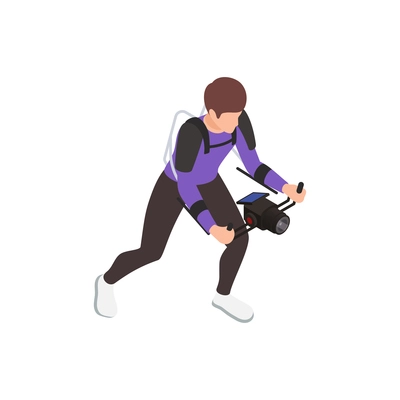 Exoskeleton bionics isometric composition with isolated character of videographer with camera and stabilizing suit vector illustration