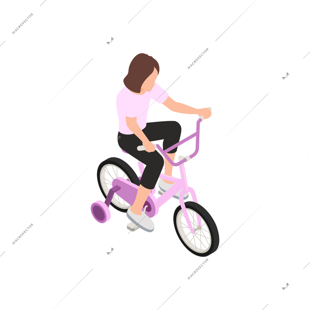 Bicycle people isometric composition with isolated images of child character riding bike vector illustration