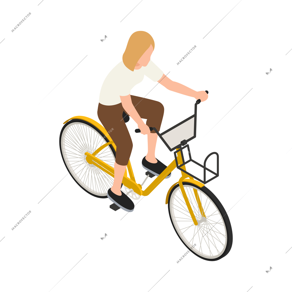 Bicycle people isometric composition with isolated images of female character riding bike vector illustration