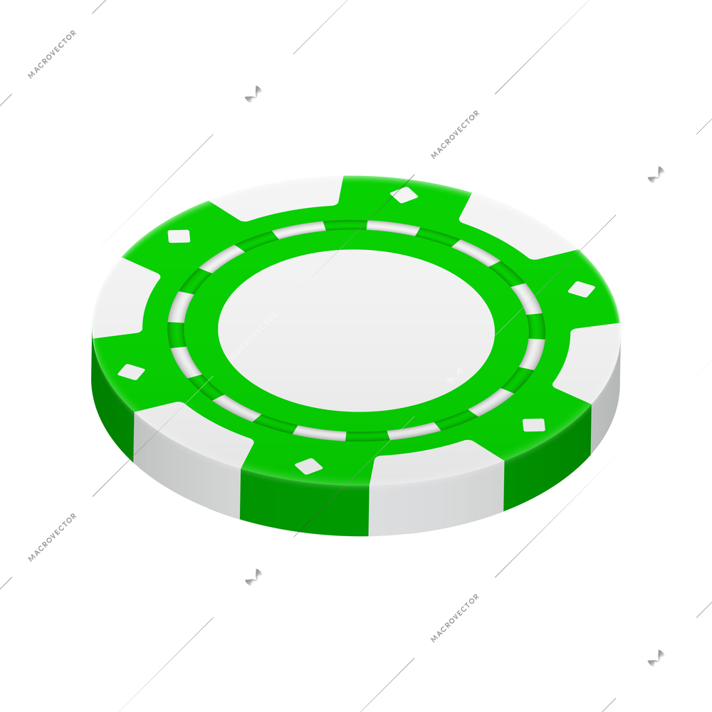 Realistic poker club casino chips composition with view of green colored chip vector illustration
