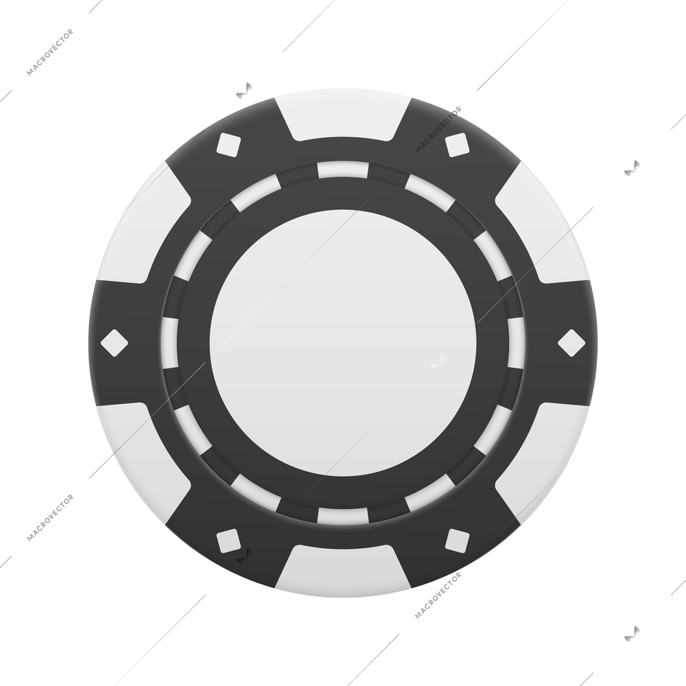 Realistic poker club casino chips composition with top view of black colored chip vector illustration