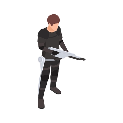 Exoskeleton bionics isometric composition with isolated character of futuristic warrior with laser gun vector illustration