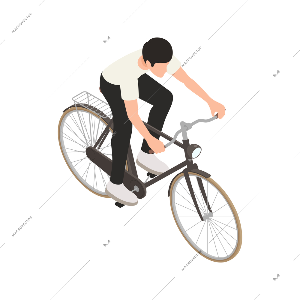 Bicycle people isometric composition with isolated images of male character riding bike vector illustration