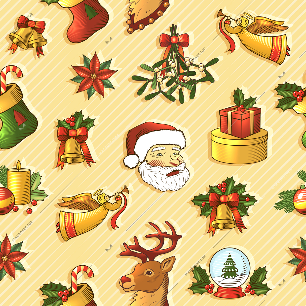 Christmas new year colored seamless pattern with deer sock gift boxes santa claus isolated vector illustration