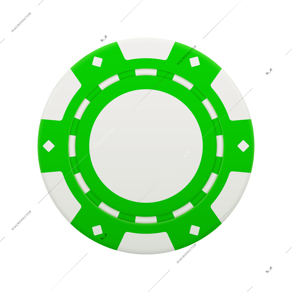 Realistic poker club casino chips composition with top view of green colored chip vector illustration