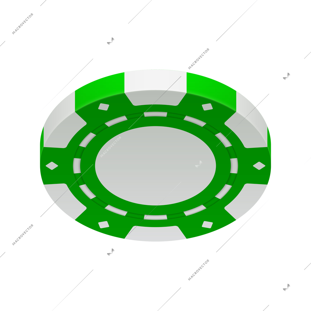 Realistic poker club casino chips composition with view of green colored chip vector illustration