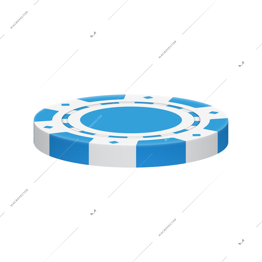Realistic poker club casino chips composition with view of blue colored chip vector illustration