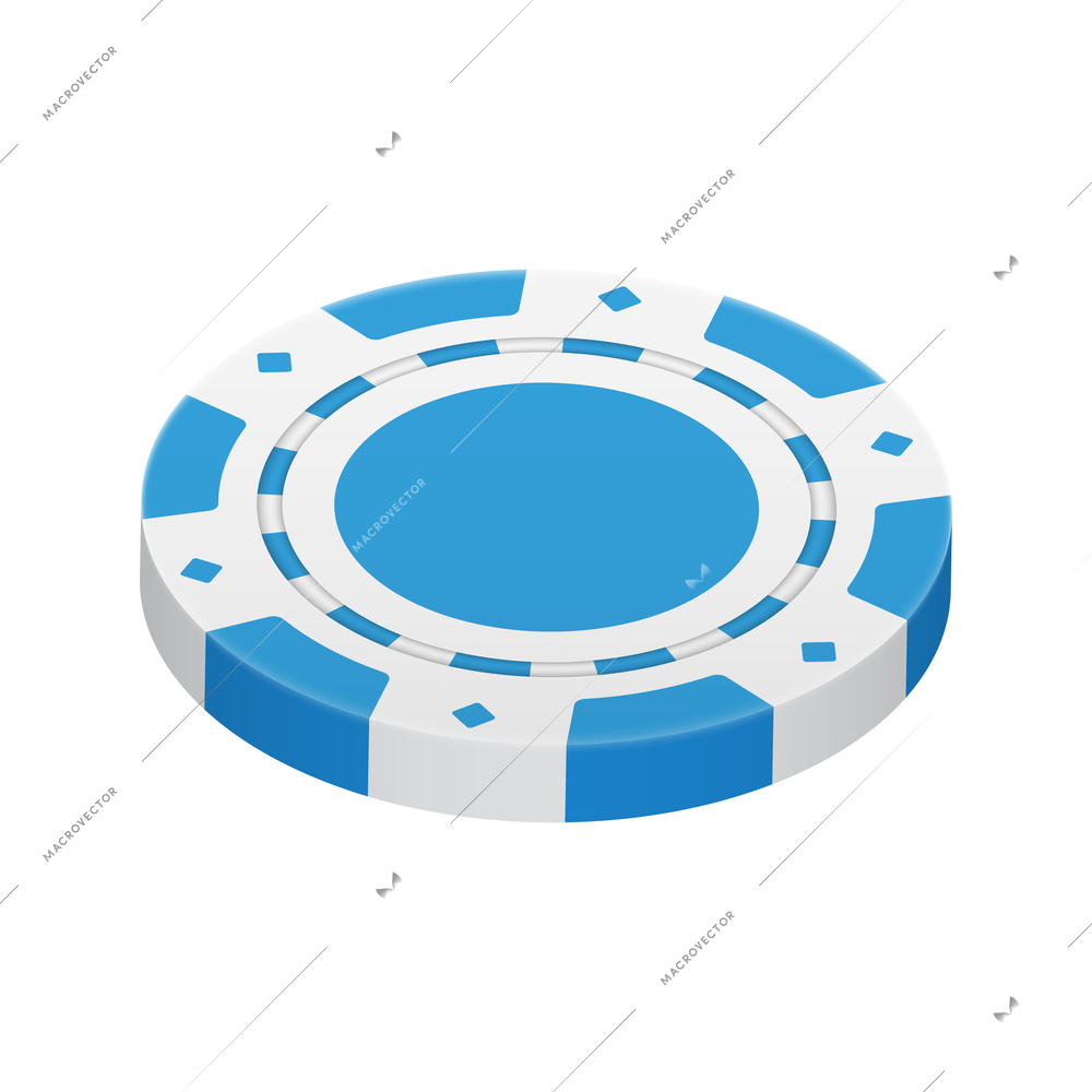 Realistic poker club casino chips composition with view of blue colored chip vector illustration