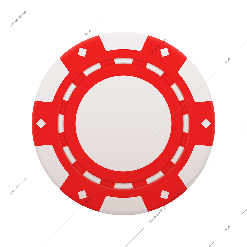 Realistic poker club casino chips composition with top view of red colored chip vector illustration