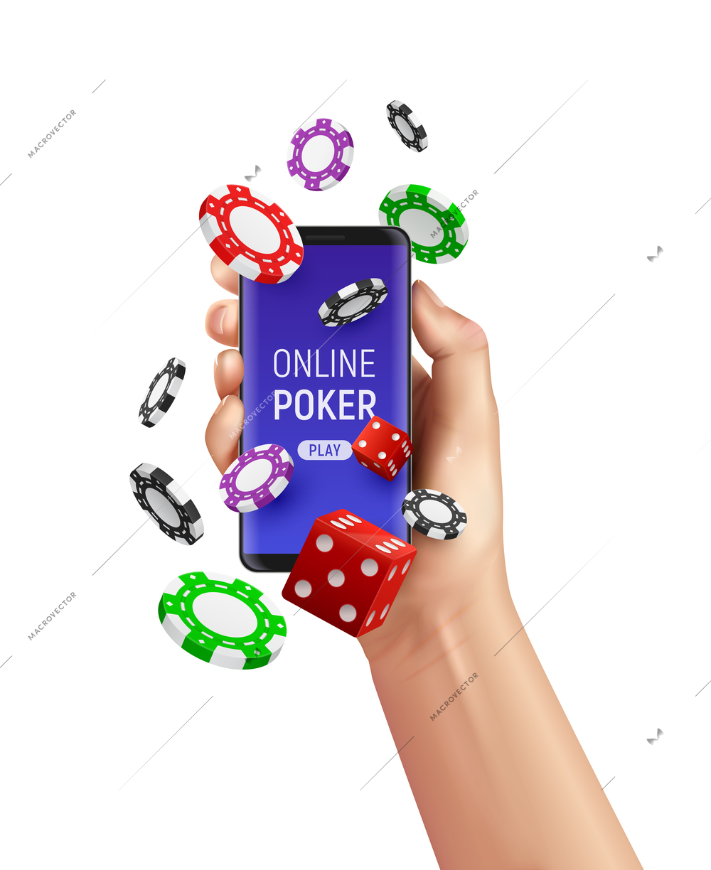 Realistic poker club casino composition with human hand holding smartphone and flying chips vector illustration