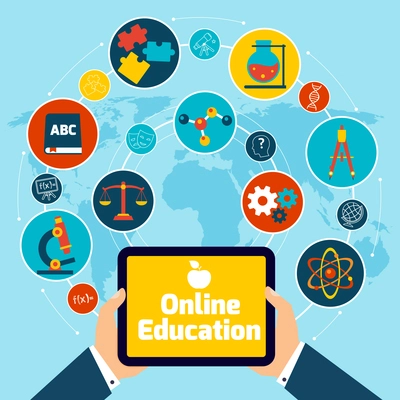 Online education concept with science icons human hand holding mobile tablet vector illustration.