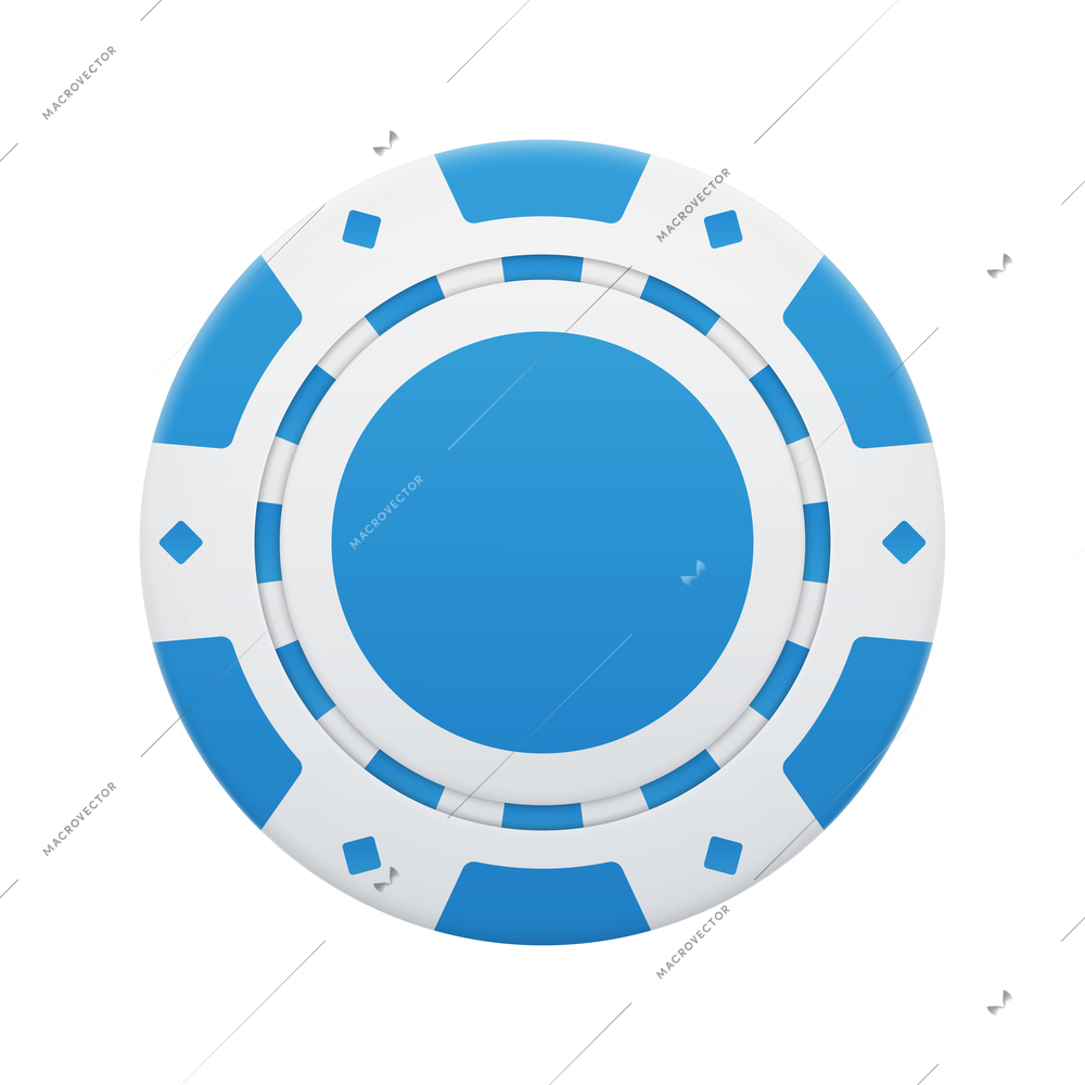 Realistic poker club casino chips composition with top view of blue colored chip vector illustration