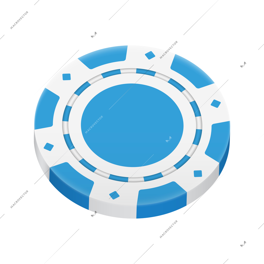 Realistic poker club casino chips composition with view of blue colored chip vector illustration