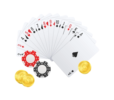 Realistic poker club casino composition with golden coins and chips with range of gaming cards vector illustration