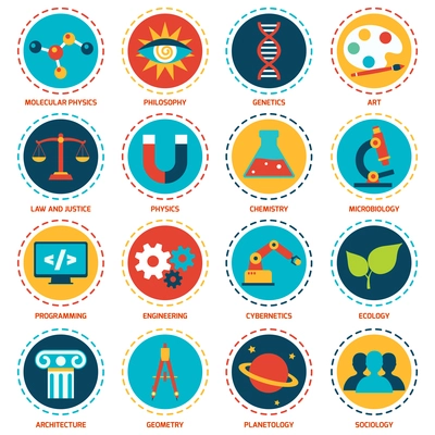 Science areas icons set with molecular physics philosophy genetics art isolated vector illustration