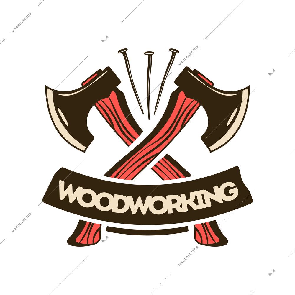 Lumberjack woodwork emblem composition with images of crossed axes with nails and editable text vector illustration