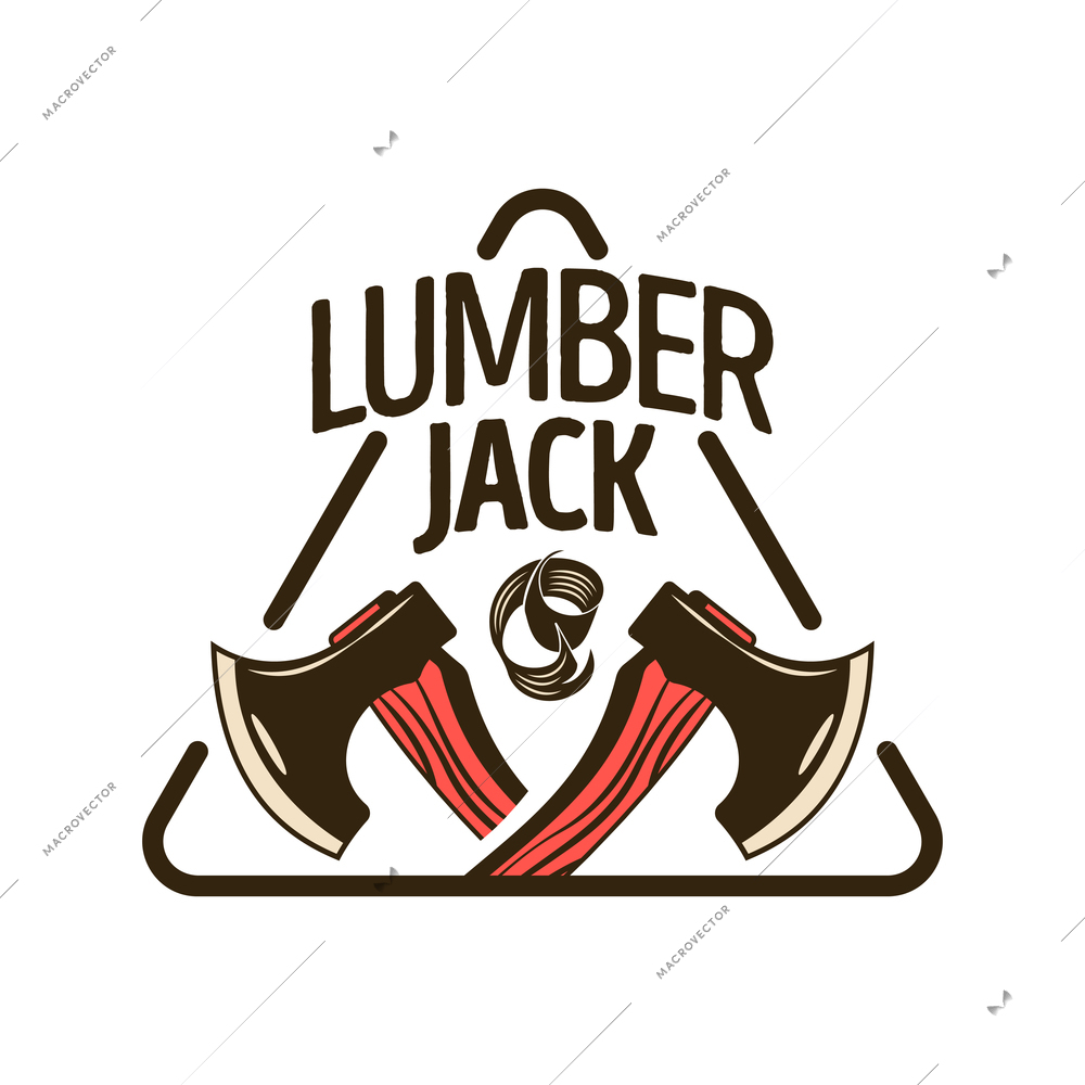 Lumberjack woodwork emblem composition with editable text triangle frame and images of crossed axes vector illustration