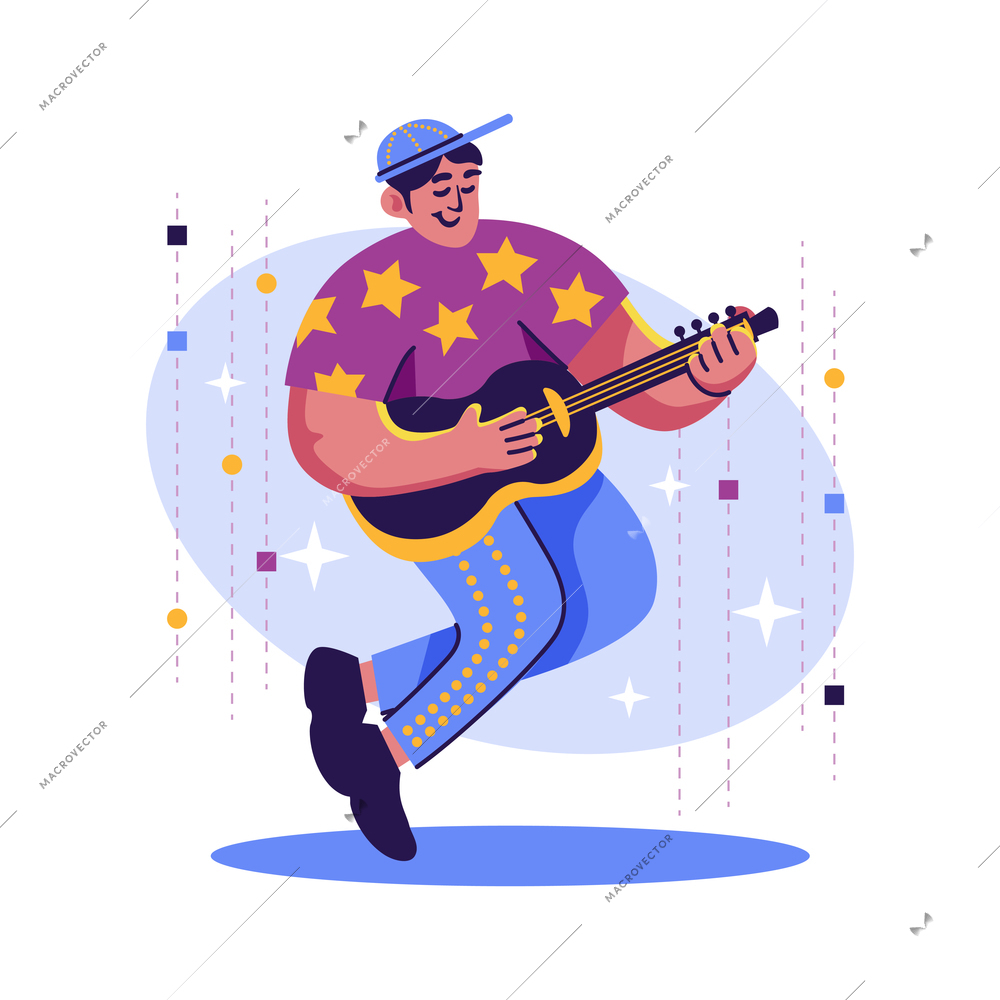 Hobbies composition with cartoon style character of man playing guitar vector illustration