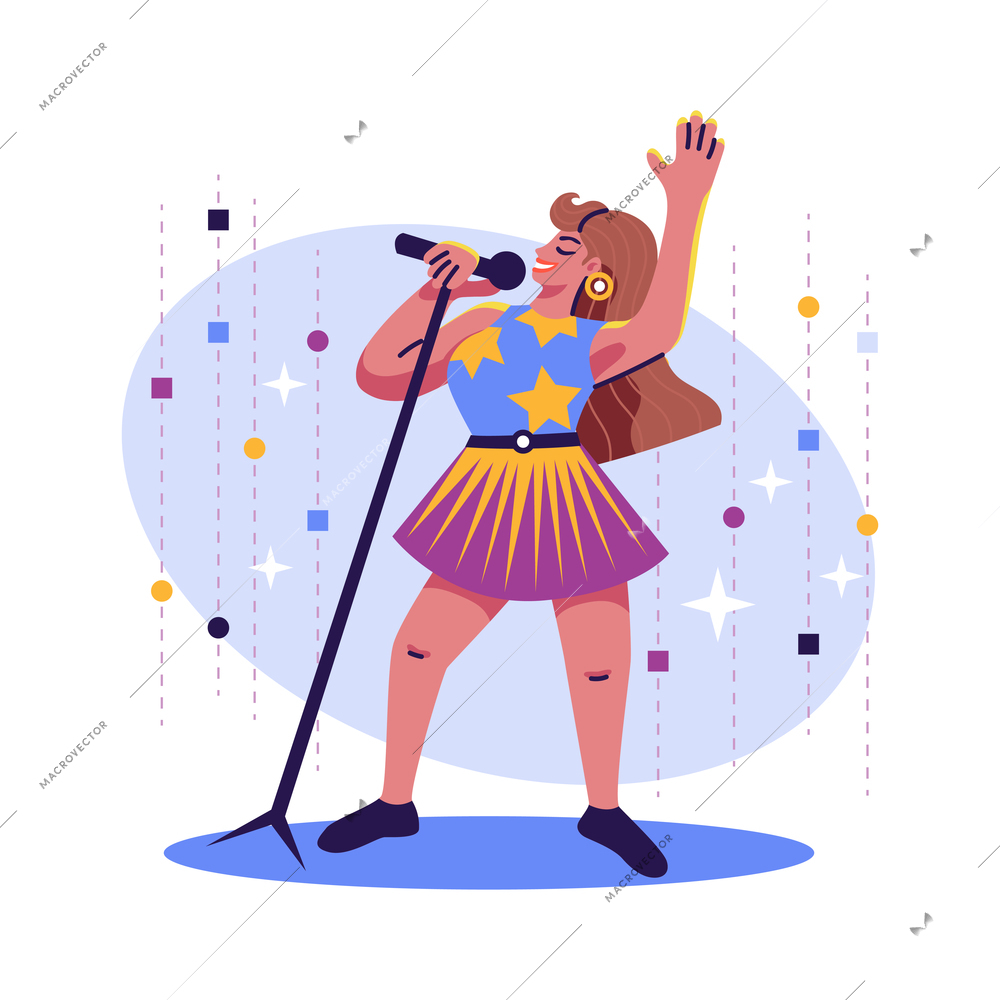 Hobbies composition with cartoon style character of singing woman vector illustration