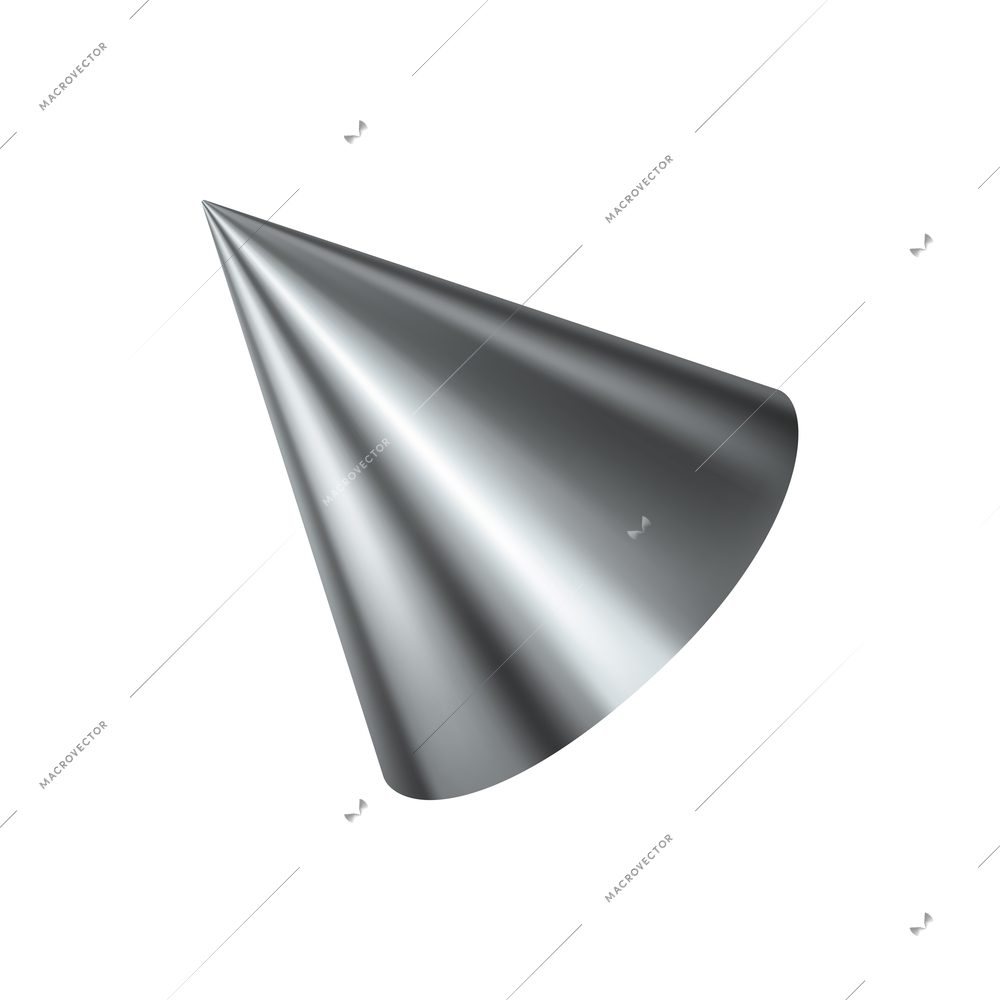 Realistic geometric shapes objects composition with isolated image of silver cone on blank background vector illustration