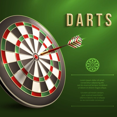 Darts board goal target competition realistic sport object on green background vector illustration