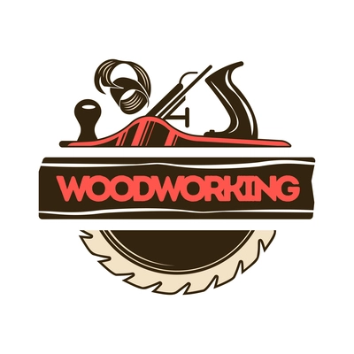 Lumberjack woodwork emblem composition with images of chisel and cutting wheel with editable text vector illustration