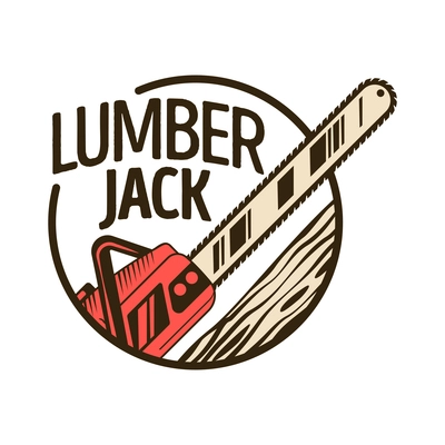 Lumberjack woodwork emblem composition with images of chainsaw with tree trunk and editable text vector illustration
