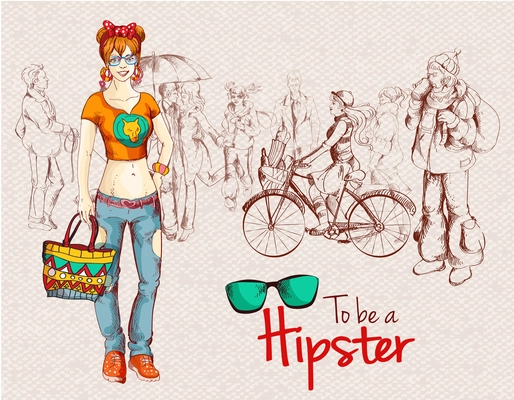 Hipster fashion trendy urban girl sketch character with people crowd background vector illustration