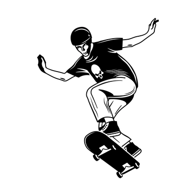 Skateboarding hand drawn engraving composition with character of jumping guy on skate board vector illustration