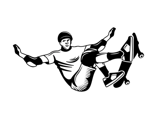 Skateboarding hand drawn engraving composition with male character of jumping person vector illustration