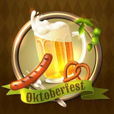 Oktoberfest german festival background with beer mug sausage pretzel and hop vector illustration.