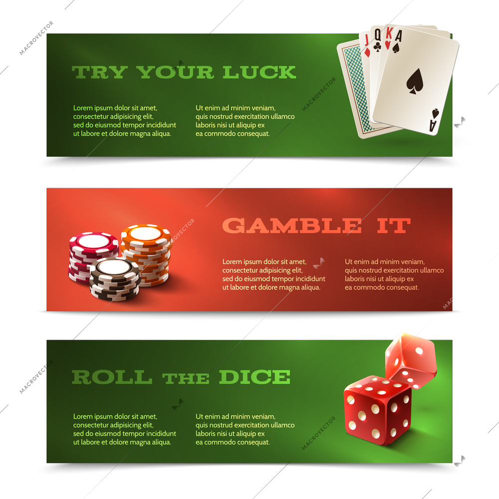 Casino try your luck gamble it roll the dice horizontal banners set isolated vector illustration