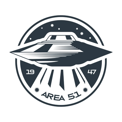 Space emblem monochrome composition with text area 51 and starry sky with flying ufo vector illustration