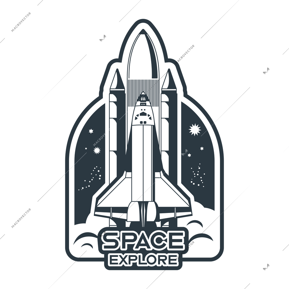 Space emblem monochrome composition with editable text and view of space shuttle taking off vector illustration