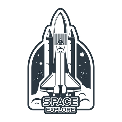 Space emblem monochrome composition with editable text and view of space shuttle taking off vector illustration