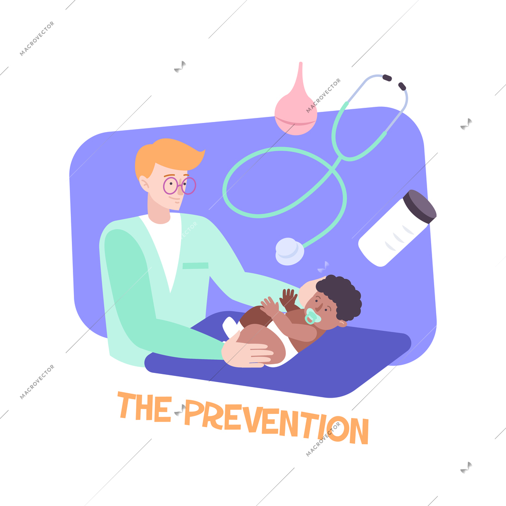 Pediatric composition with flat human character of adult pediatrist holding small baby with bottles and stethoscope vector illustration