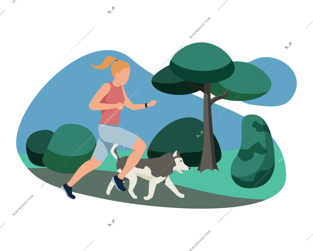 People with dogs flat composition with view of city park with running woman and her pet vector illustration