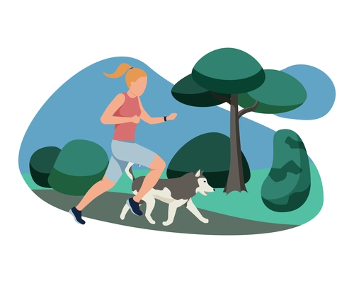 People with dogs flat composition with view of city park with running woman and her pet vector illustration