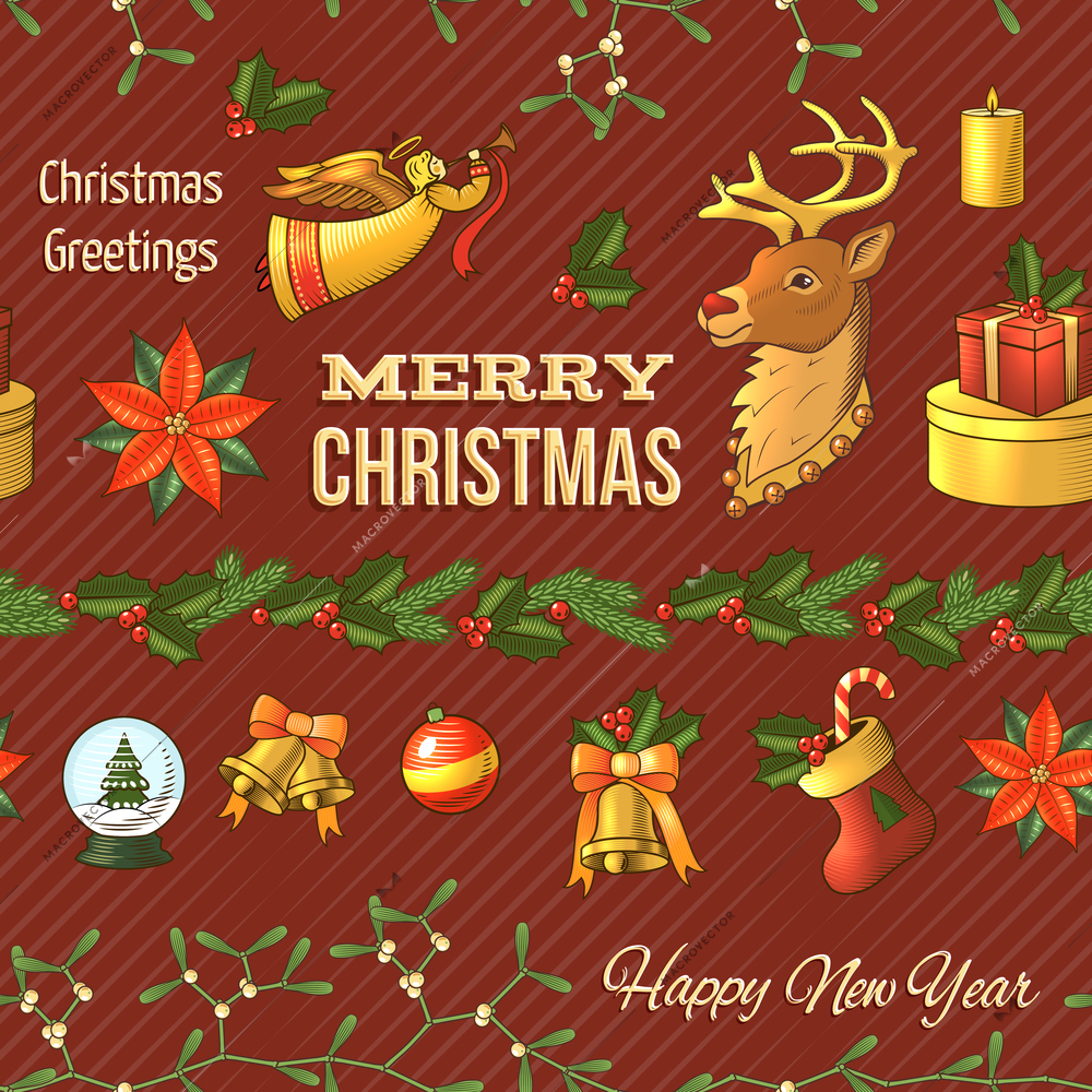 Christmas new year colored seamless pattern with celebration elements isolated vector illustration