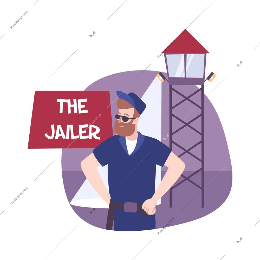 Prison composition with flat character of guard with tower spot light and editable text vector illustration