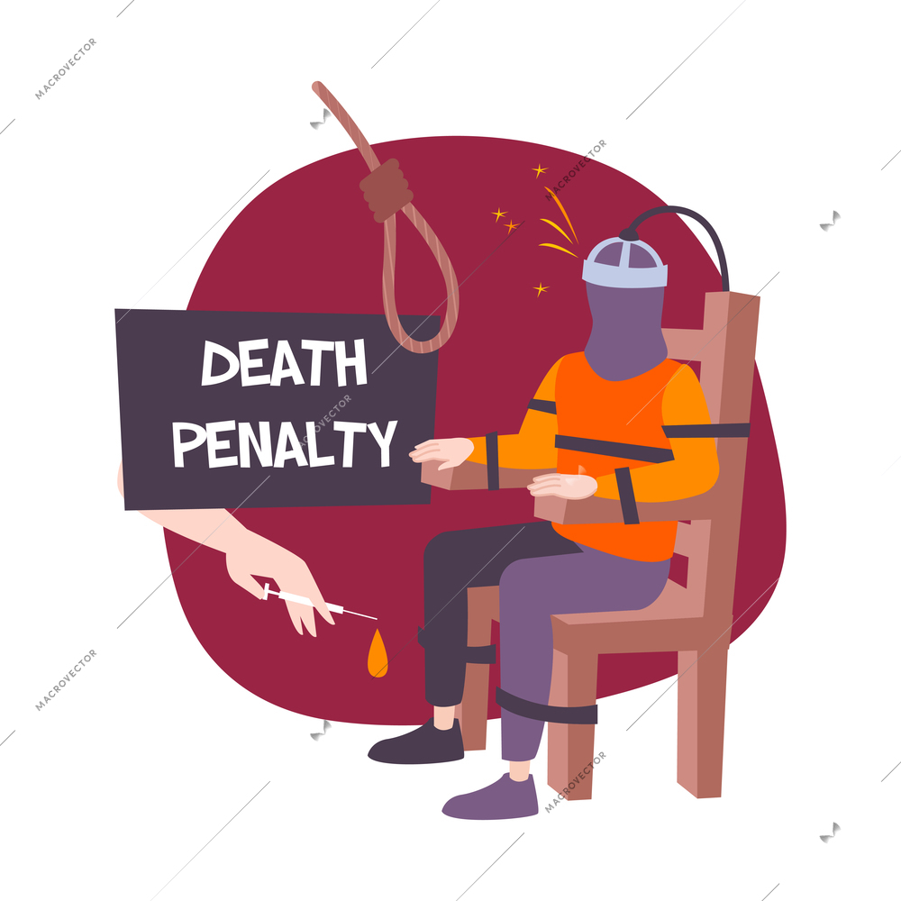 Prison composition with flat character of guilty tied to electric chair with editable text vector illustration